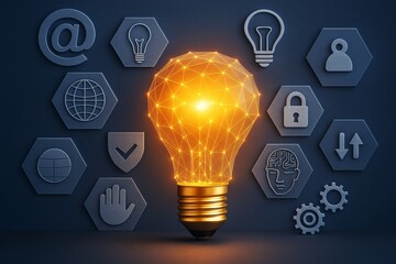 Poster - Glowing polygonal light bulb with technology icons on dark background illustrating innovation, ideas, and abstract digital intelligence concept.