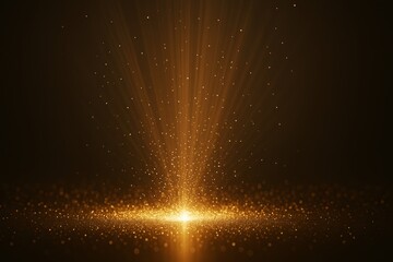 Poster - Glowing golden particles and beams of light radiating upwards in abstract scene on dark background with sparkling effect and magical atmosphere.