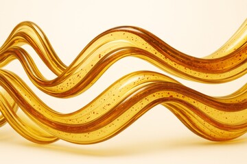 Poster - Abstract golden liquid waves with amber specks flowing in parallel curves on a soft light background, artistic visual concept of fluid motion.