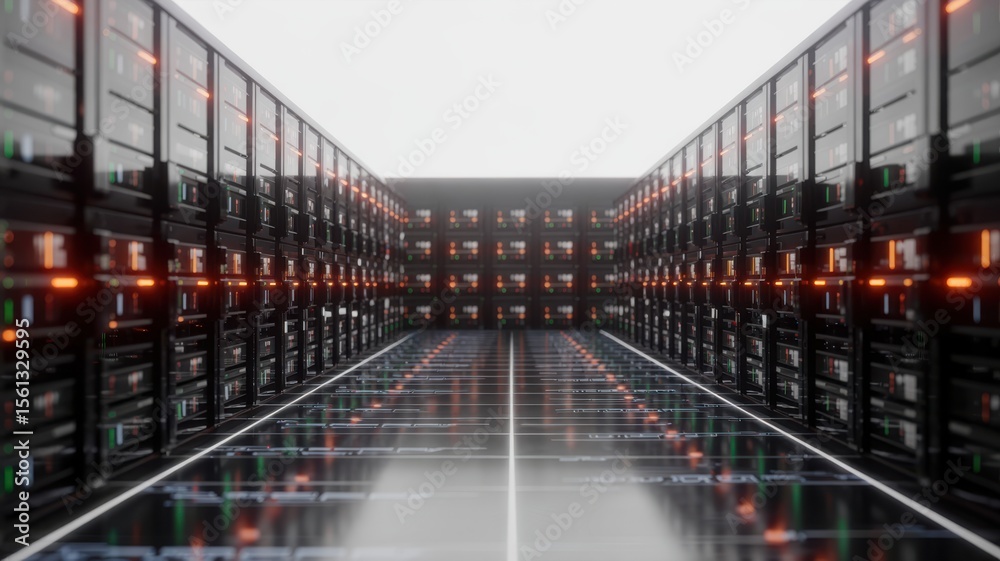 Modern server room with rows of blinking lights and reflective floor ...