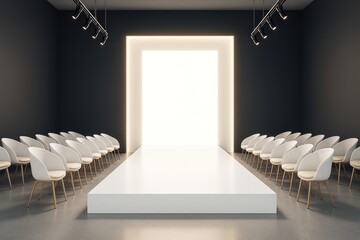 Poster - Modern fashion runway stage with white chairs and glowing entrance in minimal dark room, perfect for branding, poster or event promotion template.