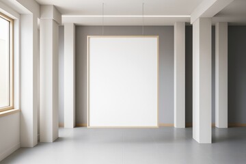 Poster - Empty white poster mockup hanging in modern interior with columns and soft natural lighting, ideal for branding, advertising or graphic design display.