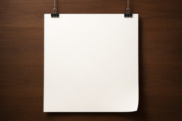 Poster - Blank white paper sheet hanging with clips on wooden wall background for poster mockup or design template concept with empty copy space..