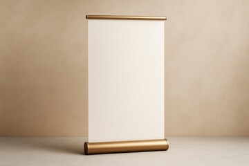 Poster - Empty vertical banner mockup with golden frame on beige background for branding and promotional design concepts. Ai generative.
