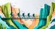 © antishock - Papercraft illustration depicts hikers crossing rope bridge over canyon. Colorful mountains form dramatic landscape. Adventure, travel, exploration theme.