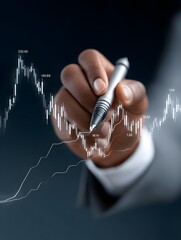 Poster - Close-up of a financial planner's hand pointing at investment graphs, documentary photography style