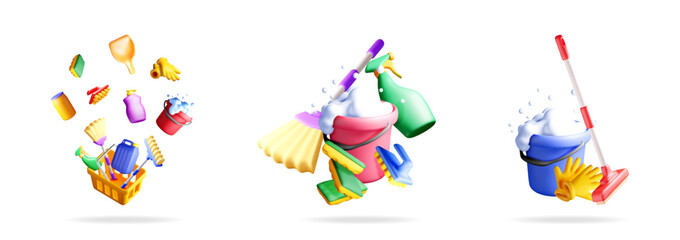Leinwandbilder - 3D cute cleaning tools vector illustration set for house chores concept. Domestic sanitation and household hygiene objects collection.