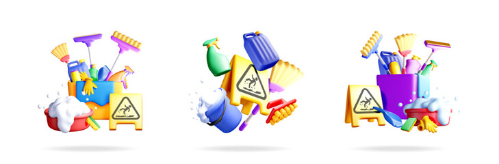 Leinwandbilder - Three 3d stock vector illustrations of colorful cleaning tools and supplies, including buckets, brushes, and sprays.