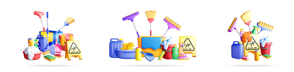 Leinwandbilder - Set of 3d vector illustrations featuring various cleaning supplies, including buckets, mops, and sponges, for housework concepts.
