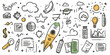 © Perfect Vector - Hand drawn business doodle icons with rocket startup, growth charts, documents, money symbols, light bulb, clouds, and global finance symbols in minimalist style vector illustration