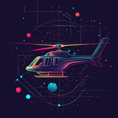 Poster - Futuristic neon helicopter with cosmic starry background and geometric shapes in colorful neon lines vector illustration