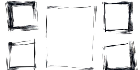 Poster - Set of six hand drawn rough brush stroke square frames with ink sketch style borders for creative design or text decoration elements in black and white vector illustration