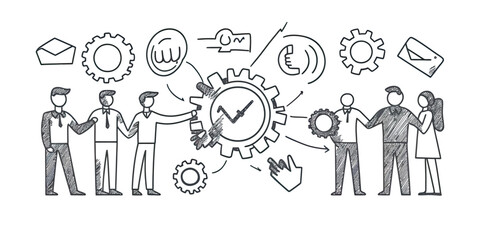 Poster - Hand drawn doodle business team working together with gears and icons concept sketch of collaboration and teamwork in office environment vector illustration