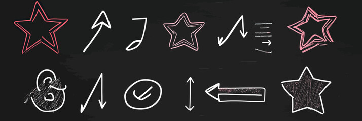 Poster - Hand drawn red and white chalkboard style stars, arrows, check marks, and underline doodle elements for emphasis and highlight on black chalkboard background vector illustration