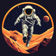 Poster - Futuristic astronaut running on rugged Mars surface with distant planet and starry space background in flat minimalist vector style