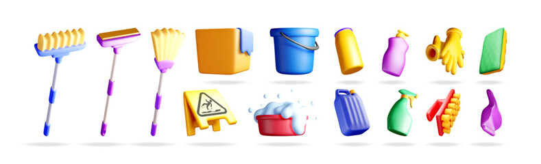 Leinwandbilder - 3d stock vector illustration set collection of various colorful cleaning supplies and tools for household and professional hygiene.