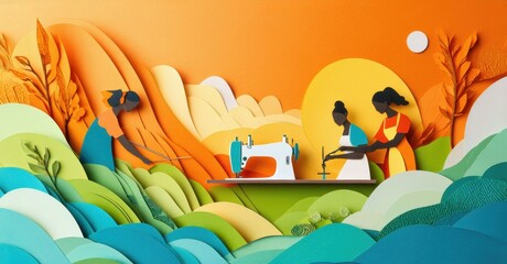 Poster - Papercraft scene depicts women sewing. Bright colors, layered design creates landscape. Peaceful, creative atmosphere present.