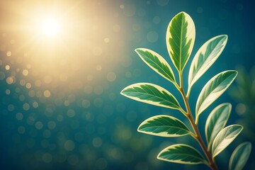 Poster - Sunlit green leaves with abstract bokeh background in natural light atmosphere, symbolizing growth and tranquility in a nature-inspired setting.
