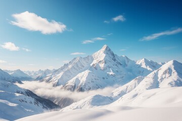 Poster - Majestic snow-covered mountain peaks under clear blue sky with soft clouds and sunlight in serene winter landscape background.