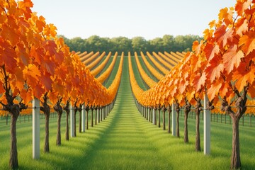 Poster - Autumn vineyard landscape with orange grapevines in rows on green grass under soft daylight, surrounded by forest in background. Ai generative.