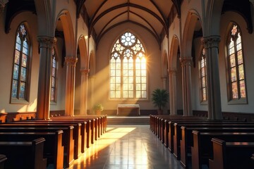 Wall Mural - Serene Church Interior Sunlight Streaming Through Stained Glass Windows, Evoking Peace, Faith, and Spirituality. Ideal for concepts of worship, tranquility, and religious reflection.