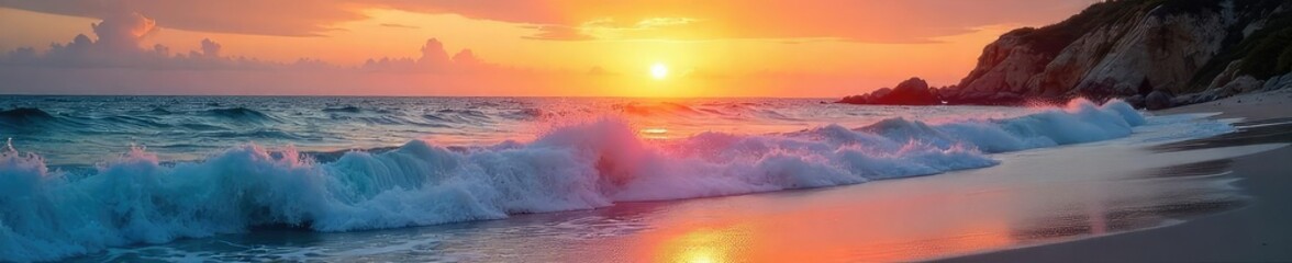 Wall Mural - Serene Sunrise over Ocean Shore Gentle Waves, Peaceful Soundscape, Perfect for Relaxation and Travel