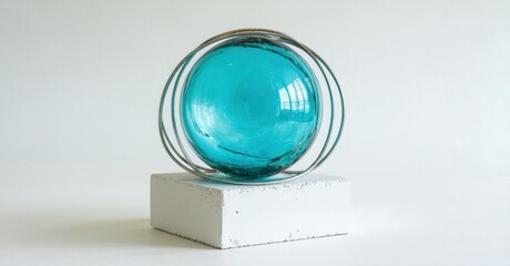 Poster - Glass sphere rests upon white block. Minimalist sculpture exhibits vibrant blue hue, metallic ring detail. Clean studio lighting.