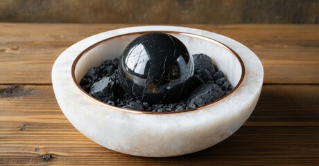 Poster - Black sphere rests within marble bowl filled with dark rocks. Minimalist presentation, elegant composition, warm tones present.
