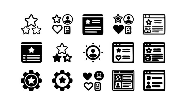 Collection of user interface icons representing ratings reviews feedback user profiles and settings isolated on white background