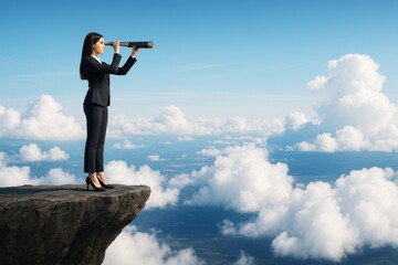 Poster - Businesswoman standing on cliff edge using telescope above clouds with bright sky background, symbolizing vision and leadership concept.
