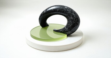 Leinwandbilder - Abstract sculpture features dark ring atop green plate, resting on white base. Minimalist composition, clean lines, modern aesthetic.
