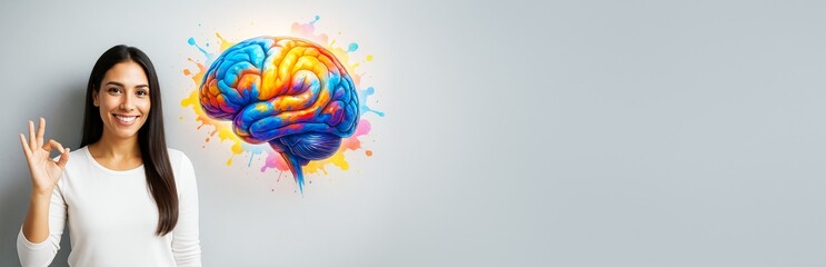 Poster - Smiling woman showing OK gesture beside colorful abstract brain illustration on light background with copy space for banner or promotional concept.