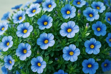 Poster - Vibrant blue flowers with yellow centers in lush green foliage under soft light on a natural background, symbolizing freshness and nature.