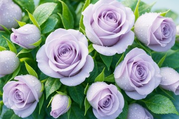 Poster - Close-up of delicate lavender roses with dew on petals and green leaves in soft light on a natural background. Ai generative.