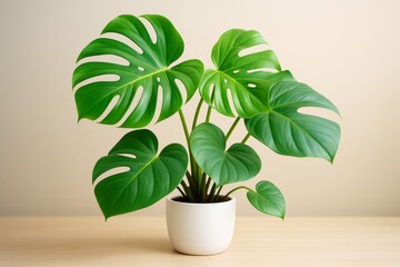 Poster - Monstera plant with large green leaves in white pot on wooden surface against soft beige background, minimalistic home decor concept.