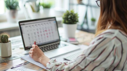 Poster - Businesswoman planning with a calendar and laptop at a desk