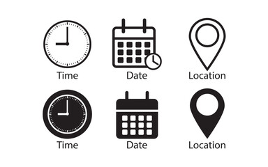 Poster - Date Time and Location Icon Set – Calendar, Clock, Notification Bell and Map Pin Symbols for App UI and Web Design.
