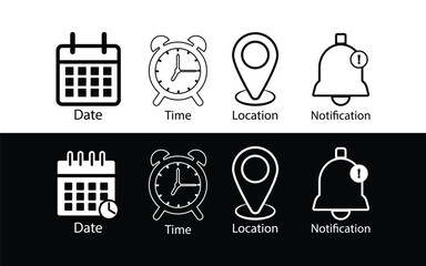 Poster - Date Time and Location Icon Set – Calendar, Clock, Notification Bell and Map Pin Symbols for App UI and Web Design.
