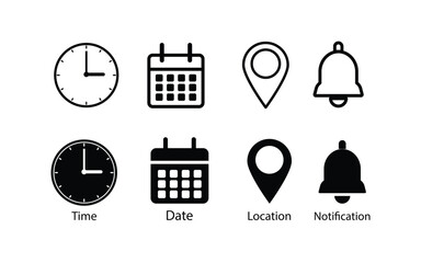 Poster - Date Time and Location Icon Set – Calendar, Clock, Notification Bell and Map Pin Symbols for App UI and Web Design.
