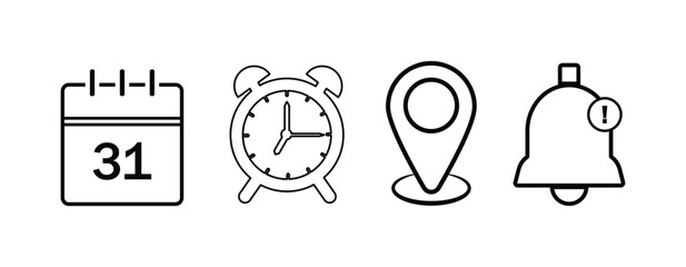 Poster - Minimal Date Time Location Icons – Flat Vector Set of Calendar, Clock, Map Marker and Bell Notification Symbols.
