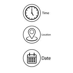Poster - Address time date Bell Notification icons set. Address location icon. Stopwatch timer icon. Date Calendar icon. Black line and flat web icons.