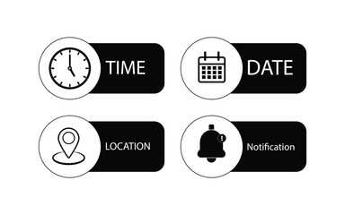 Poster - Address time date Bell Notification icons set. Address location icon. Stopwatch timer icon. Date Calendar icon. Black line and flat web icons.