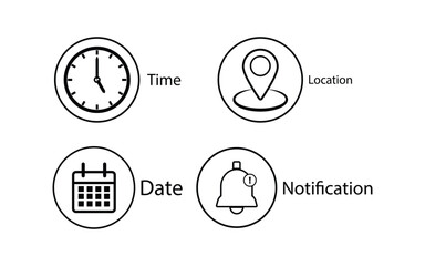 Poster - Address time date Bell Notification icons set. Address location icon. Stopwatch timer icon. Date Calendar icon. Black line and flat web icons.