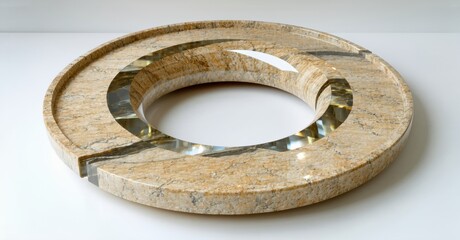 Poster - Circular object, beige stone exterior, glass inset. Modern design, minimalist aesthetic, studio lighting, clean background.