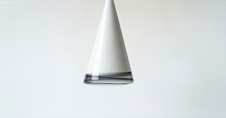 Poster - Cone shaped glass object suspended. Minimalist design, clean lines, bright studio lighting, simple composition. White background provides contrast.