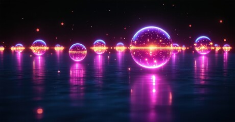 Aufkleber - Glowing spheres float above dark water. Reflections shimmer, creating vibrant, surreal scene. Stars dot distant sky. Peaceful, luminous beauty.