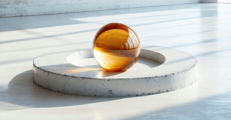 Poster - Amber sphere rests upon concrete pedestal. Light creates shadows, highlights smooth surfaces. Minimalist composition, simple studio setup.