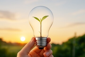 Poster - Hand holding light bulb with green plant inside against natural sunset background, symbolizing eco energy and sustainability concept.