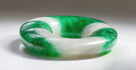 Poster - Green, white sculpture. Smooth, polished stone form resembles donut or ring. Minimalist design, studio lighting, elegant presentation.