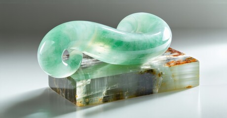 Poster - Sculpture depicts infinity symbol. Green translucent material rests upon textured stone base. Light plays across curves, creating depth.